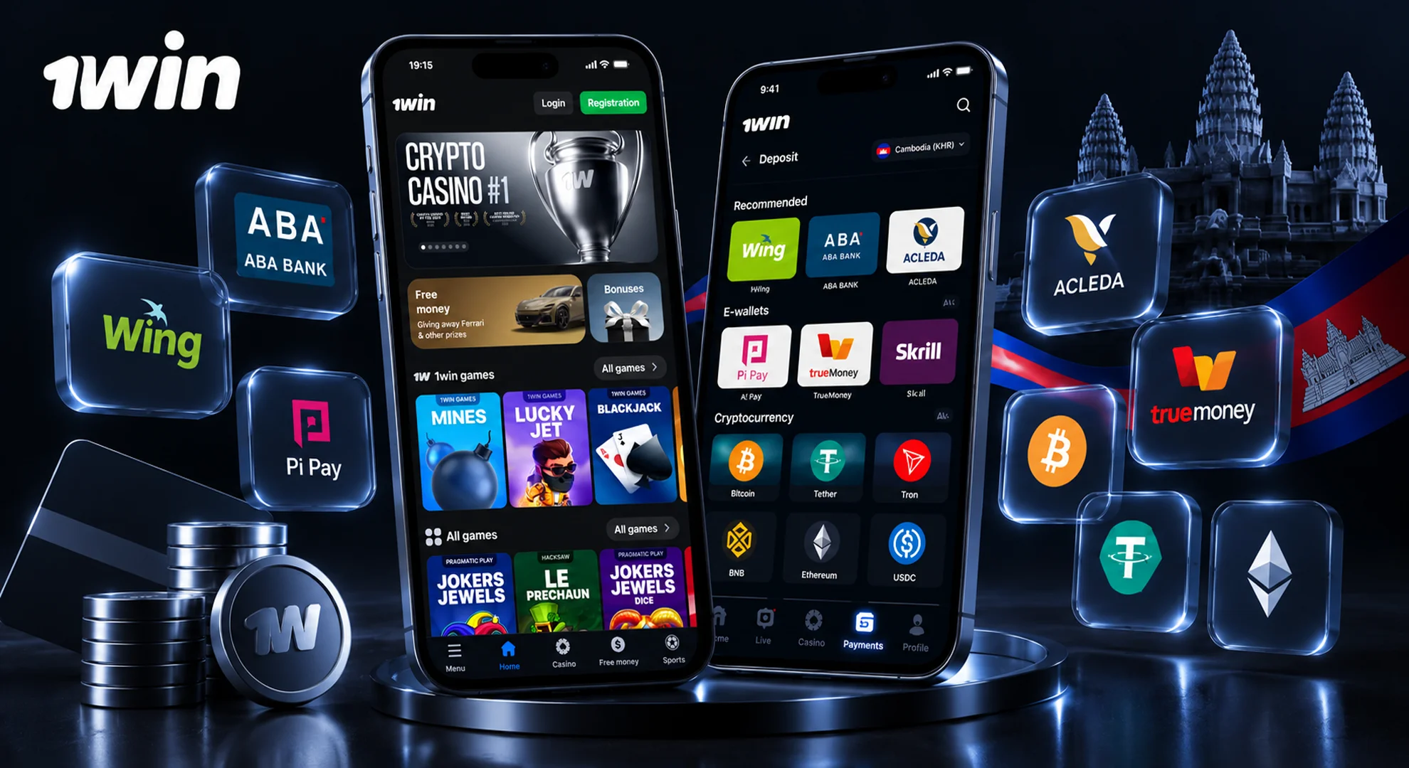 Payment options at 1win Cambodia including Cambodian banks, online wallets and popular cryptocurrencies
